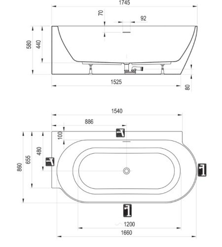 Kád,Ravak Vana Freedom Corner II Tec 175x86 bal, fekete/fehér, fekete túlfolyóval CC91700000