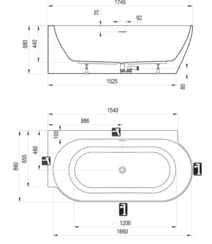Kád,Ravak Vana Freedom Corner II Tec 175x86 bal,Grey Green/fehér, fehér túlfolyóval CC91200000