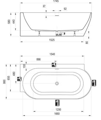 Kád,Ravak Vana Freedom Corner II Tec 175x86 bal,matt fehér/fehér, fehér túlfolyóval CC91800000