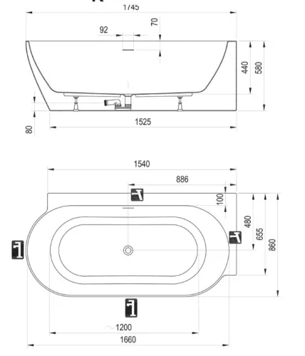Kád,Ravak Vana Freedom Corner II Tec 175x86 jobb,fekete/fehér, fekete túlfolyóval CC81700000