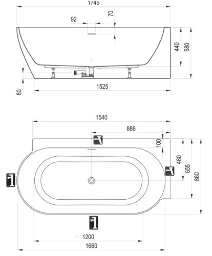 Kád,Ravak Vana Freedom Corner II Tec 175x86 jobb,Smoke Grey/fehér, fehér túlfolyóval CC81500000