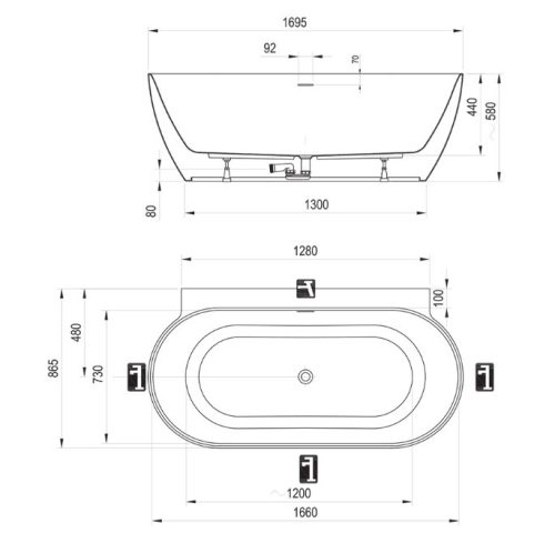Kád,Ravak Vana Freedom Wall II Tec 170x87, fehér, fehér/fekete/króm lefolyóval CC71000000
