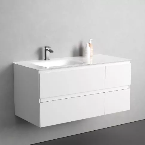 Alsó szekrény, Sanotechnik Cube 100 függesztett bútorszett, üvegmosdóval, fehér 08334