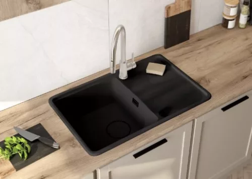 Mosogatótálca, Deante Momi 1 medencés csepegtetővel, gránit mosogató, fekete ZKM_N113