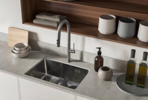 Mosogató csaptelep, Deante Olfato kihúzható kifolyóval, 2 áramlási típus, titanium BQO_D72M