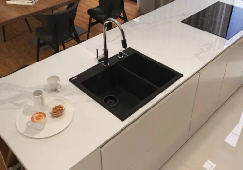 Mosogatótálca, Deante Eridan 1,5 medencés, gránit mosogató, fekete ZQE_N503