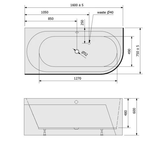 Kád, Sapho Polysan Astra L Monolith aszimmetrikus kád 160x75 fehér/siena 33611M.42