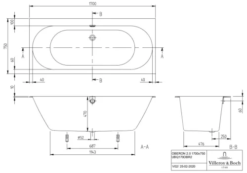 Kád, Villeroy&Boch Oberon 2.0 kád 170x75 cm UBQ170OBR2DV-01