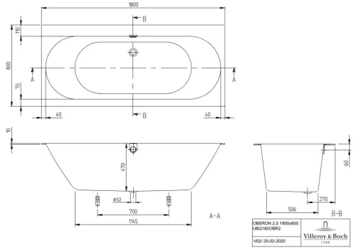 Kád, Villeroy&Boch Oberon 2.0 kád 180x80 cm UBQ180OBR2DV-01