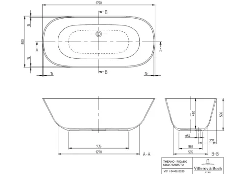 Kád, Villeroy&Boch Theano kád 175x80 cm UBQ175ANH7F200V-01