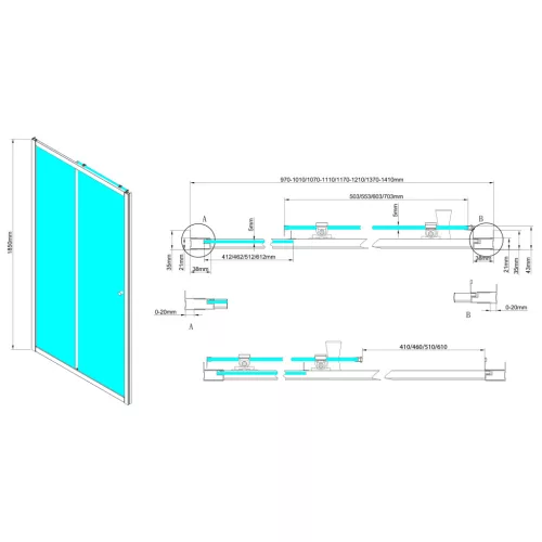 Zuhanyajtó, Aqualine Ugga zuhanyajtó 120x185 cm, brick üveggel, fehér AWS120
