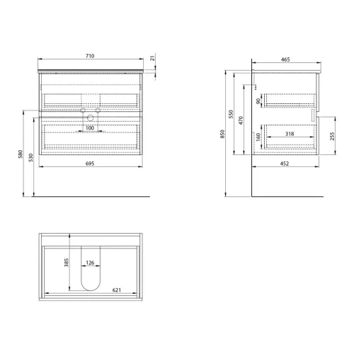 Alsó szekrény, Aqualine Paneda Strip mosdótartó szekrény, 69,5x55x45,2cm, emporio tölgy PN370