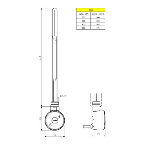 Fűtőpatron, Sapho Bruckner Wicher elektromos termosztátos fűtőpatron, 300 W, króm 600.202.1