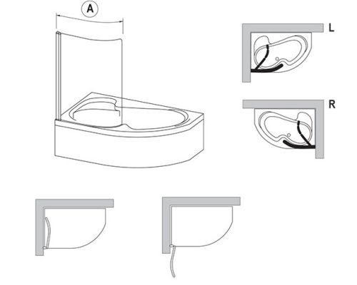 Kádparaván, Ravak Rosa CVSK1 140/150 jobb kádparaván fekete+transparent 7QRM0300Y1