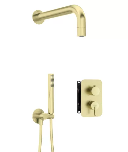 Falba süllyesztett csaptelep, Deante Silia zuhanyszett, keverő BOX-al,szálcsiszolt arany BXYZRQSM