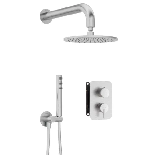 Falba süllyesztett csaptelep, Deante Silia zuhanyszett, keverő BOX-al, szálcsiszolt acél BXYYFQSM