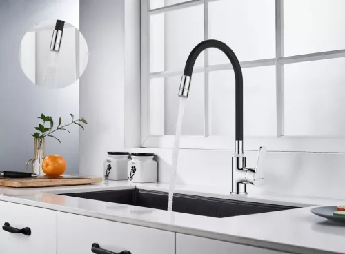 Mosogató csaptelep, Invena Ksanti Slim 2F mosogató csaptelep, fekete/króm BZ-37-008-L