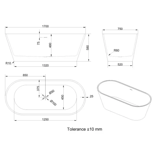 Kád, Invena Limnos kád 170x75 AN-00-120-M