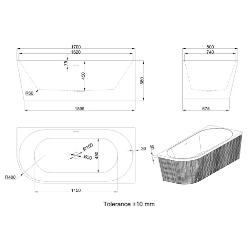 Kád, Invena Glamour kád 170x80 cm, jobbos AN-02-12P-M