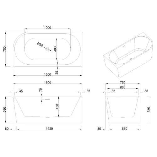 Kád, Invena Astri kád 150x75 cm, balos AN-03-15L-F