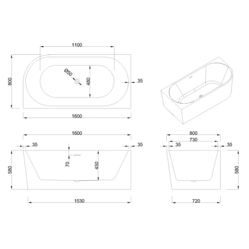 Kád, Invena Astri kád 160x80 cm, balos AN-03-16L-F