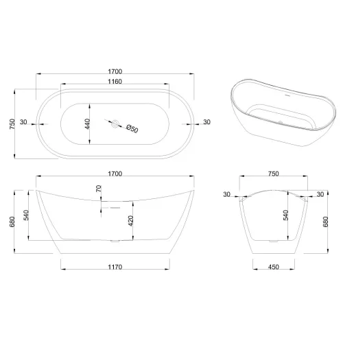 Kád, Invena Astri kád 170x75 AN-03-170-F
