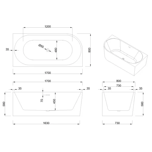 Kád, Invena Astri kád 170x80 cm, jobbos AN-03-17P-F