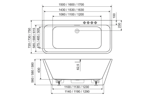 Kád, M-Acryl Iris W falhoz illeszthető kád 170x75 cm