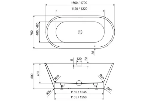 Kád, M-Acryl Victory szabadonálló kád, fehér előlappal 170x76 cm