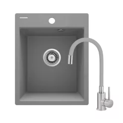  Mosogatótálca, Deante Corio 1 medencés gránit mosogató csapteleppel, metálszürke ZRCPS103