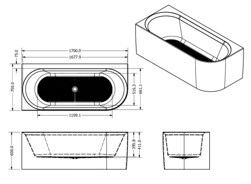 Kád, West Rapsody kád, balos 170x75 cm